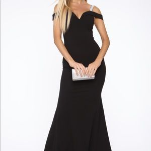 Long black gown with rhinestone strap detailing